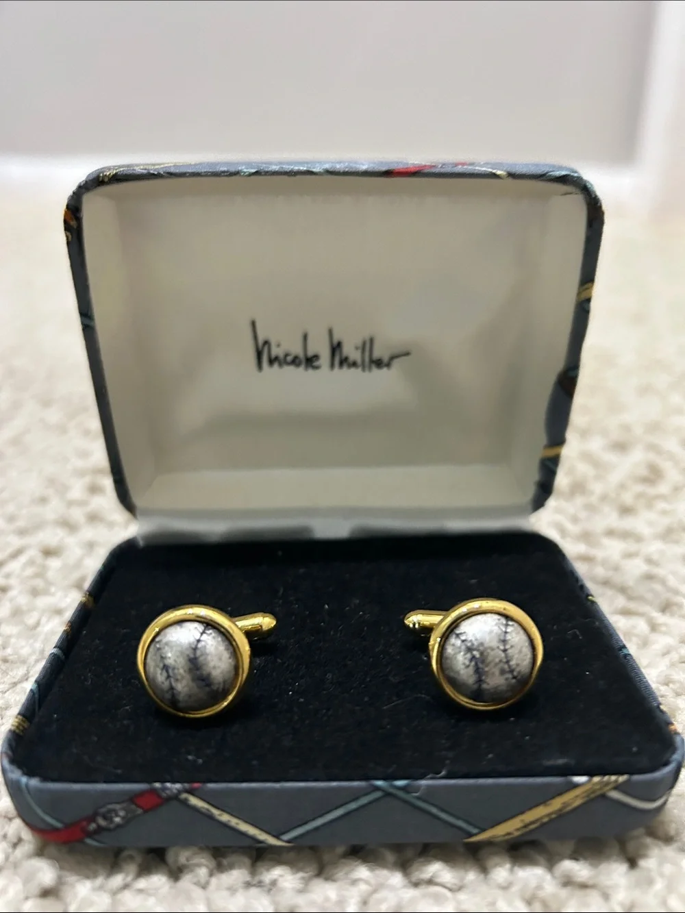 Nicole Miller Gold Tone Cufflinks with White Marble-Look Stone Baseballs.